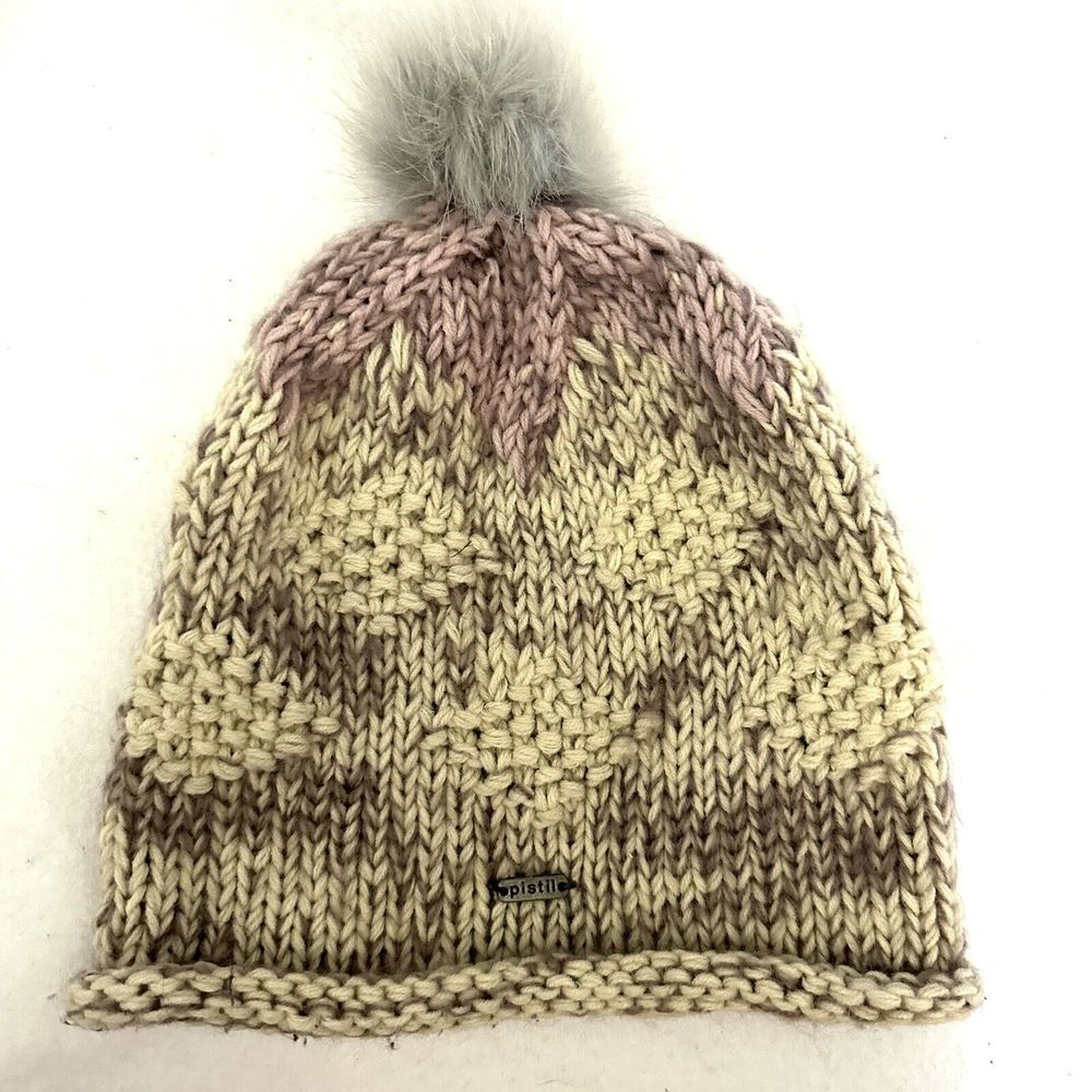 Pistil Womens‎ Foxie Faux Fur PomPom Beanie Hat Gray Pink Ivory 166986